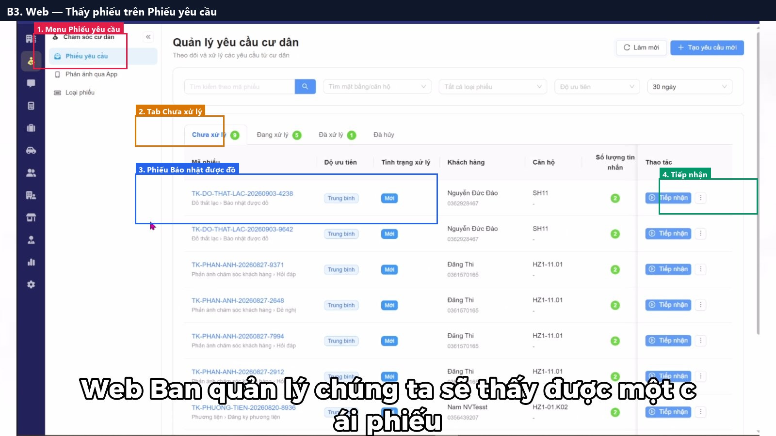 B3. Web — Thấy phiếu trên Phiếu yêu cầu