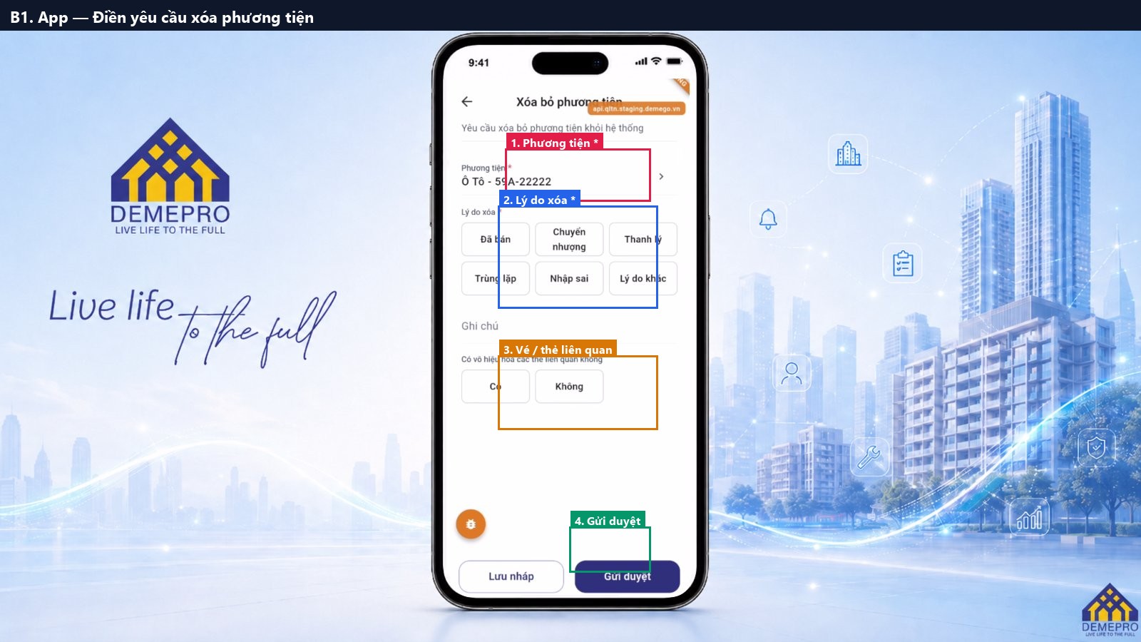 B1. App — Điền yêu cầu xóa phương tiện