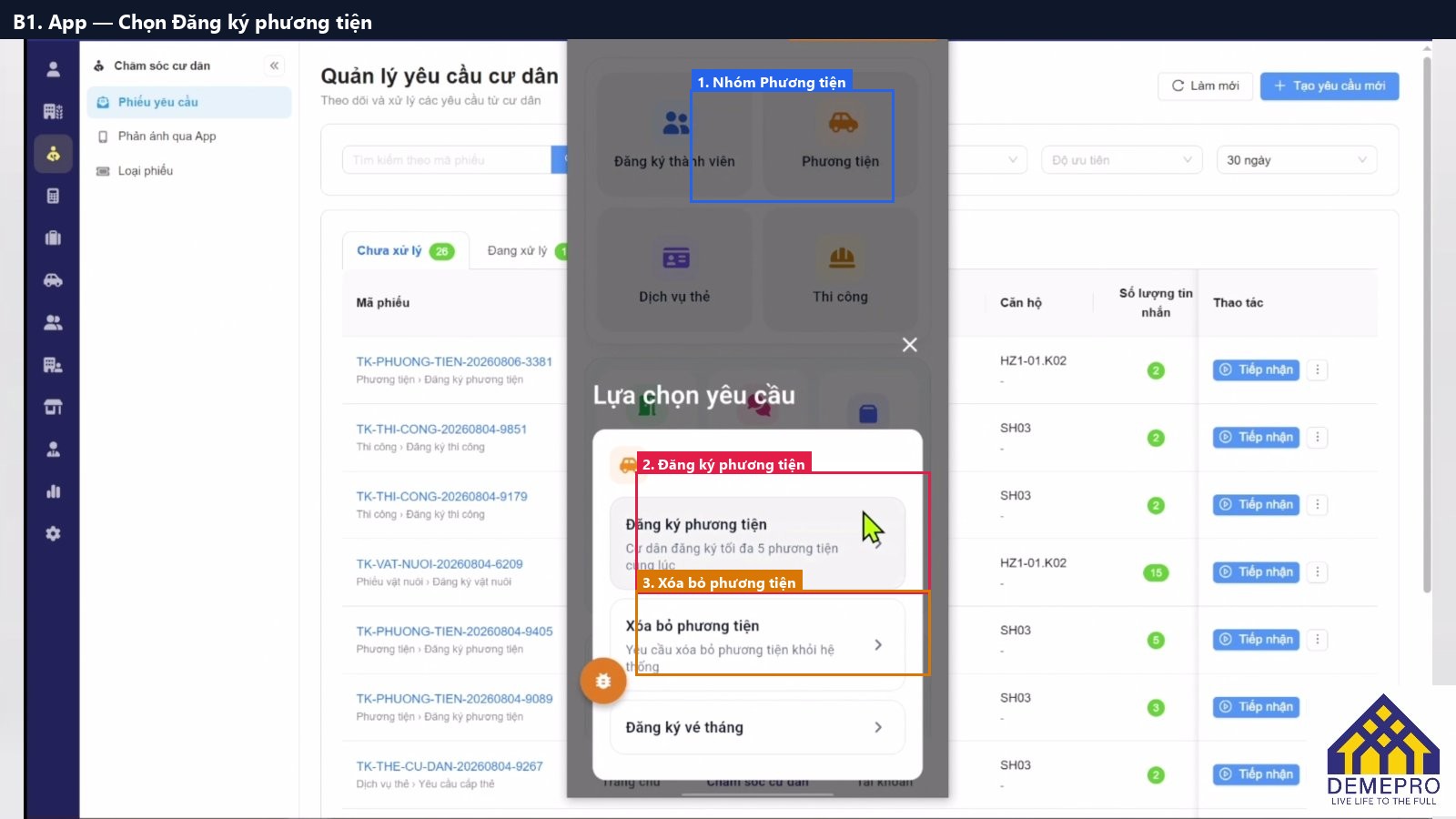 B1. App — Chọn Đăng ký phương tiện