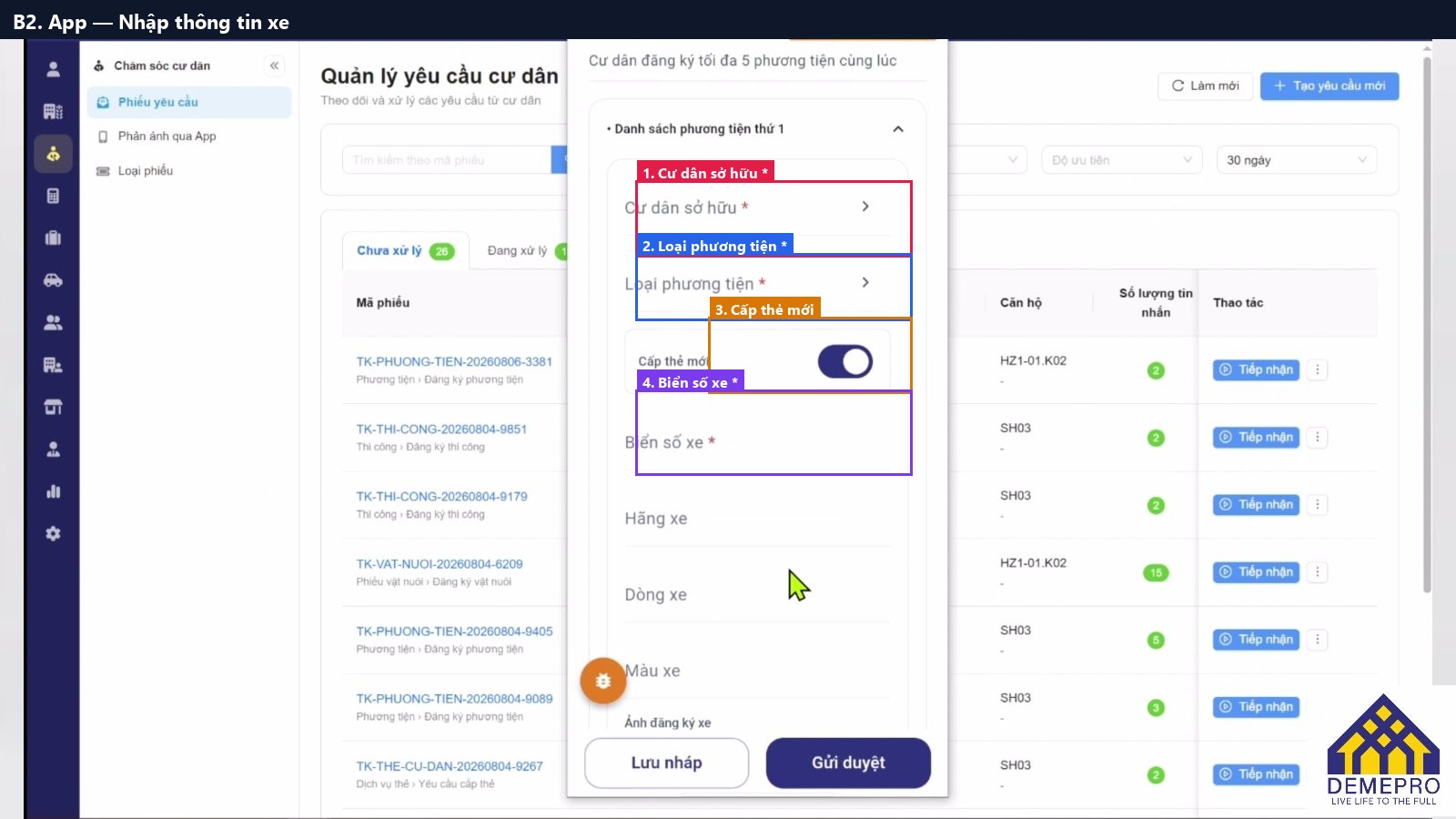 B2. App — Nhập thông tin xe