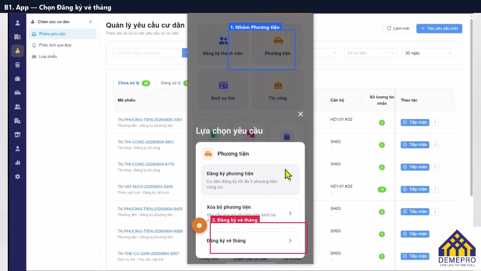 B1. App — Chọn Đăng ký vé tháng