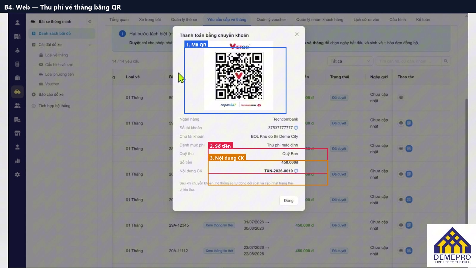 B4. Web — Thu phí vé tháng bằng QR